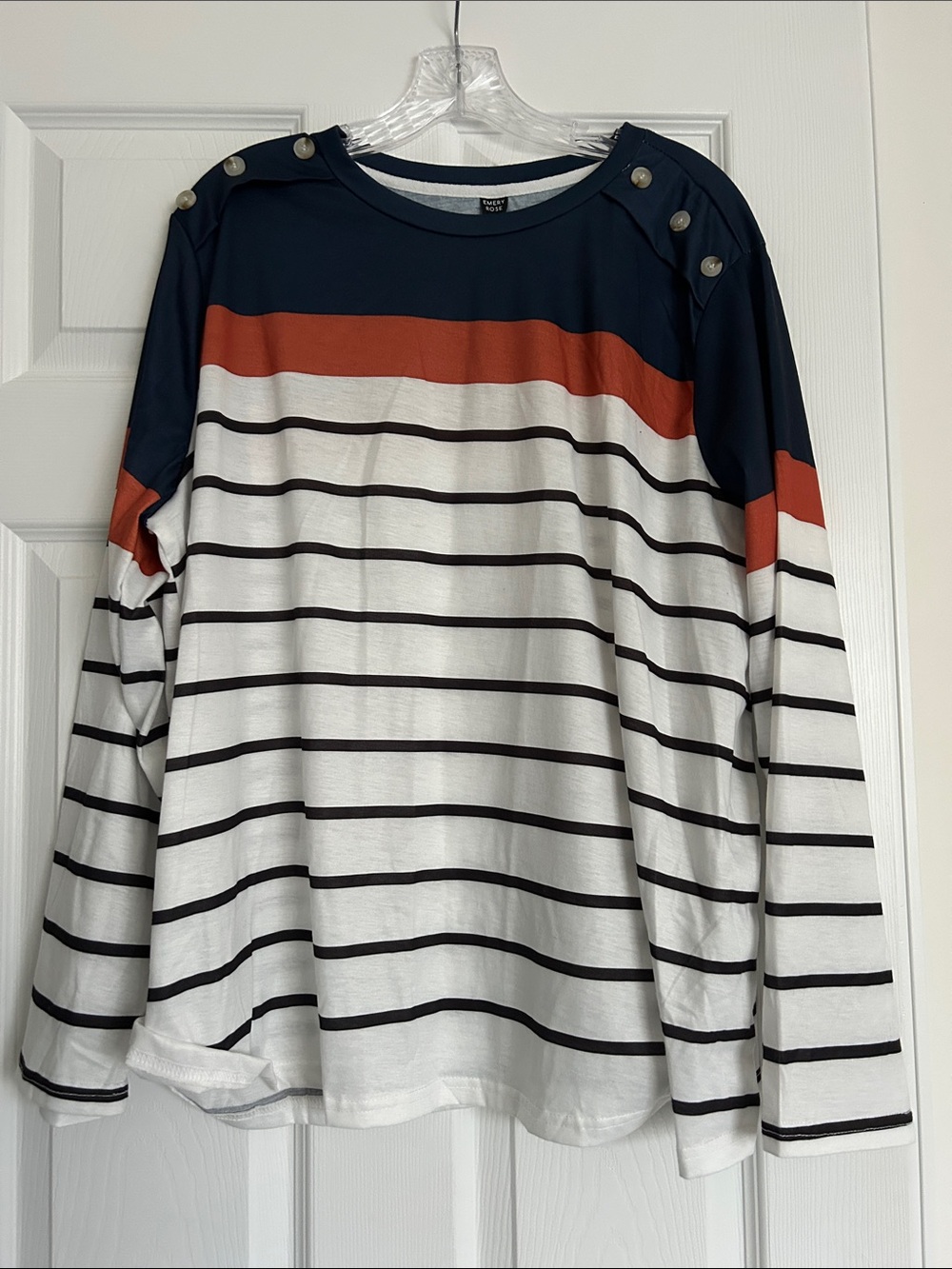 Striped Long Sleeve Tee with Shoulder Buttons - Navy, White & Rust